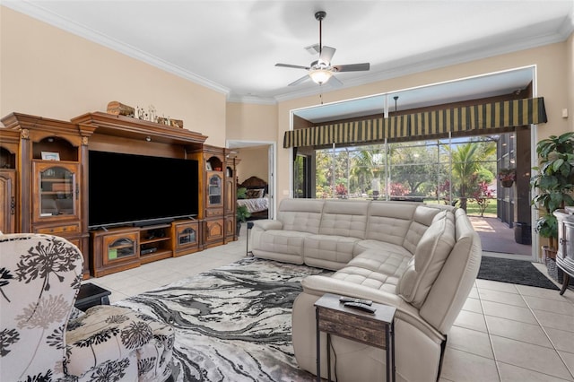 3950 Pepper Ln, North Port, FL 34287 - living room featuring light tile patterned floors, ornamental molding, and a ceiling fan