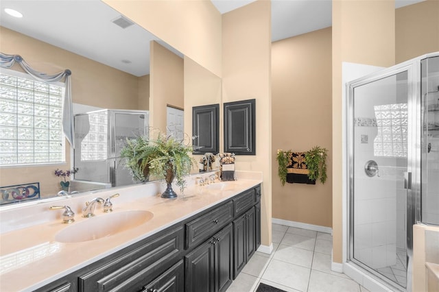 3950 Pepper Ln, North Port, FL 34287 - full bath featuring a stall shower, tile patterned floors, double vanity, and baseboards
