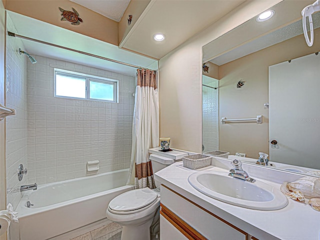 3141 Heron Shores Dr, Venice, FL 34293 - bathroom featuring shower / bath combo with shower curtain, vanity, and recessed lighting