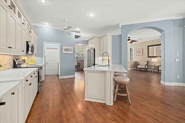 427 Autumn Chase Dr, Venice, FL 34292 - kitchen featuring a ceiling fan, appliances with stainless steel finishes, a sink, arched walkways, and backsplash