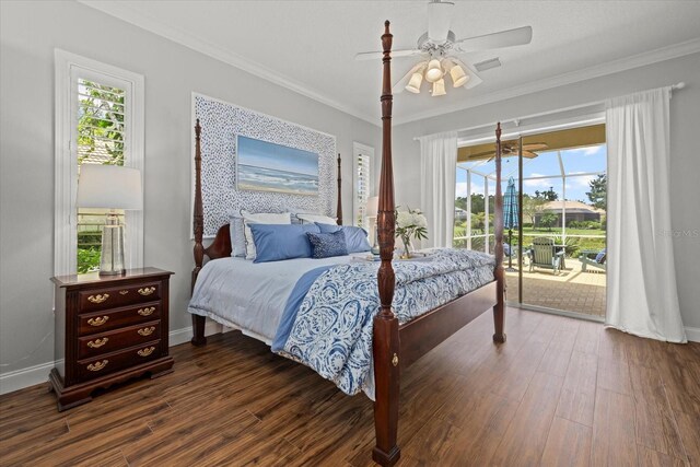 427 Autumn Chase Dr, Venice, FL 34292 - bedroom with access to exterior, dark wood-style flooring, baseboards, crown molding, and ceiling fan