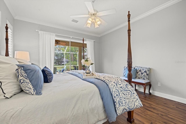 427 Autumn Chase Dr, Venice, FL 34292 - bedroom with access to outside, wood finished floors, baseboards, ornamental molding, and a ceiling fan