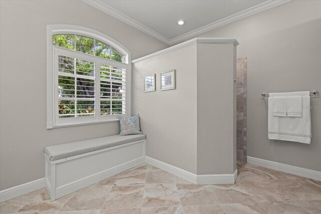 427 Autumn Chase Dr, Venice, FL 34292 - hall featuring ornamental molding, marble look tiles, baseboards, and recessed lighting