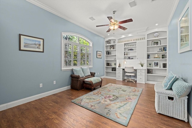 427 Autumn Chase Dr, Venice, FL 34292 - living area with a ceiling fan, ornamental molding, built in features, baseboards, and wood finished floors