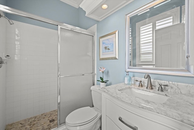 427 Autumn Chase Dr, Venice, FL 34292 - bathroom with a stall shower, toilet, vanity, and crown molding