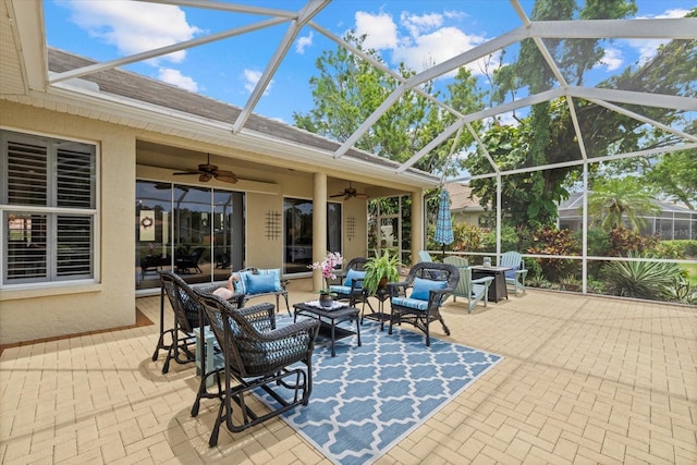 427 Autumn Chase Dr, Venice, FL 34292 - view of patio / terrace with ceiling fan, an outdoor hangout area, and a lanai