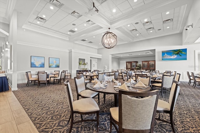 427 Autumn Chase Dr, Venice, FL 34292 - dining area featuring a high ceiling, ornamental molding, recessed lighting, coffered ceiling, and a chandelier