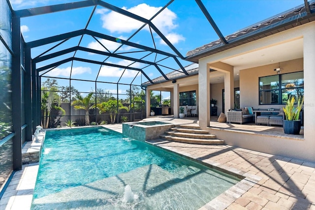 329 Myrtle Ave, Nokomis, FL 34275 - swimming pool featuring an in-ground hot tub, a patio, an outdoor living space, and glass enclosure
