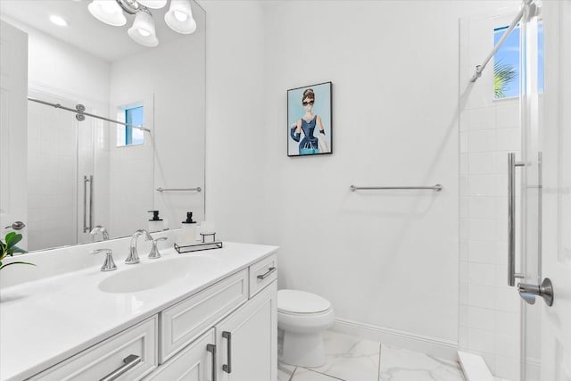 329 Myrtle Ave, Nokomis, FL 34275 - bathroom with vanity, a stall shower, toilet, and marble look tiles