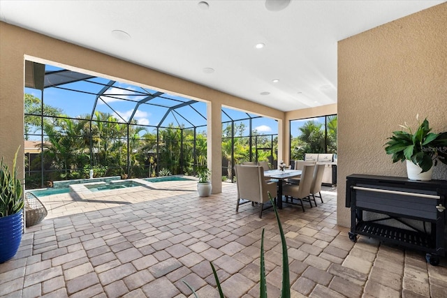 329 Myrtle Ave, Nokomis, FL 34275 - view of patio / terrace featuring glass enclosure, outdoor dining space, and a pool with connected hot tub