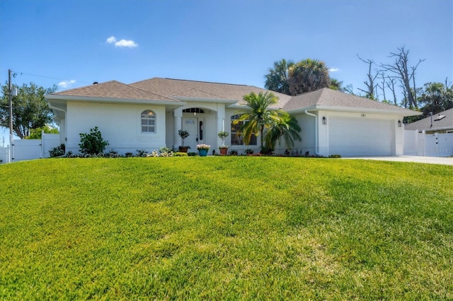 ranch-style home featuring stucco siding, a garage, a gate, and driveway