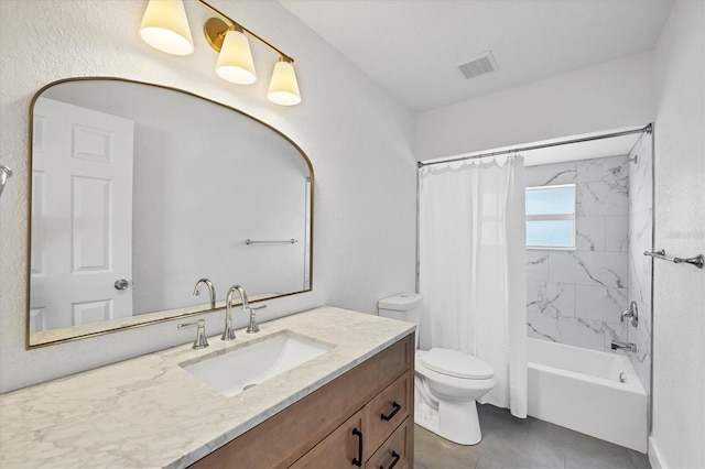 full bath with toilet, vanity, shower / bath combination with curtain, and tile patterned floors