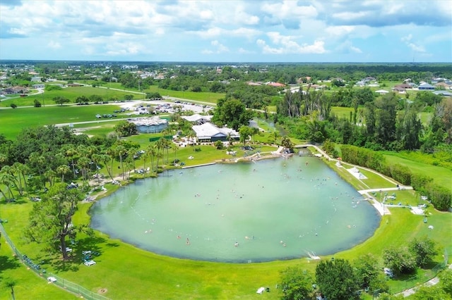 aerial view of a large body of water and a tree filled landscape