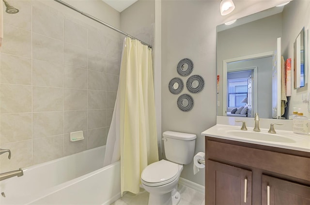 20636 Swallowtail Ct, Venice, FL 34293 - full bath with vanity, toilet, shower / bathtub combination with curtain, baseboards, and tile patterned flooring