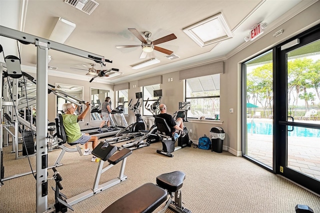 20636 Swallowtail Ct, Venice, FL 34293 - gym featuring ornamental molding, carpet floors, a ceiling fan, and baseboards