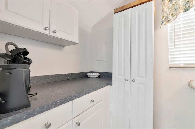 6796 Gasparilla Pines Blvd Unit 18, Englewood, FL 34224 - kitchen featuring dark countertops, white cabinetry, a textured ceiling, and vaulted ceiling
