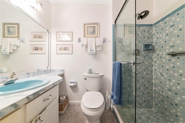 6796 Gasparilla Pines Blvd Unit 18, Englewood, FL 34224 - bathroom featuring a stall shower, vanity, and toilet