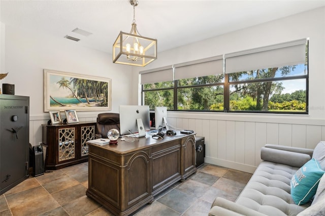 5850 Saddle Oak Trl, Sarasota, FL 34241 - office area featuring a chandelier and a wainscoted wall
