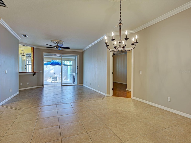 912 Barclay Ct, Venice, FL 34293 - unfurnished room with ornamental molding, a chandelier, light tile patterned floors, baseboards, and ceiling fan