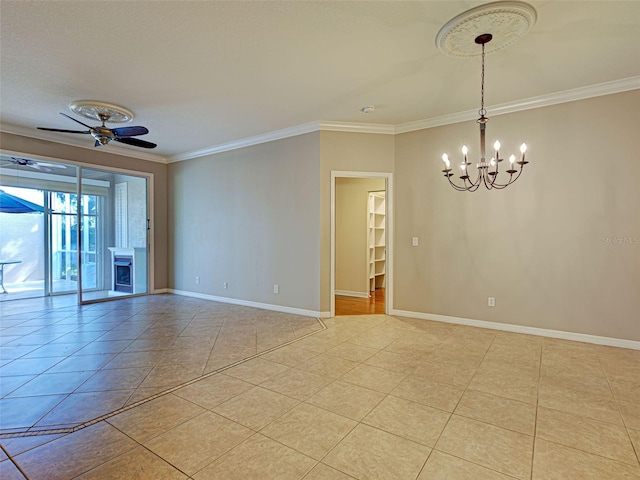 912 Barclay Ct, Venice, FL 34293 - empty room featuring a chandelier, ornamental molding, light tile patterned floors, baseboards, and a ceiling fan