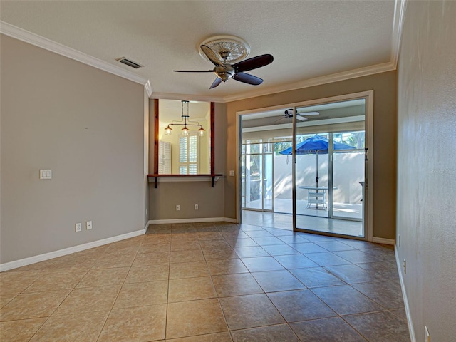 912 Barclay Ct, Venice, FL 34293 - spare room featuring ornamental molding, a ceiling fan, tile patterned flooring, baseboards, and a textured ceiling