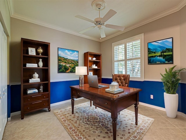 912 Barclay Ct, Venice, FL 34293 - office featuring light tile patterned flooring, crown molding, a ceiling fan, and baseboards