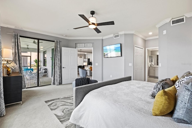 10808 Tarflower Dr Unit 102, Venice, FL 34293 - bedroom with carpet flooring, access to outside, crown molding, ensuite bath, and a ceiling fan