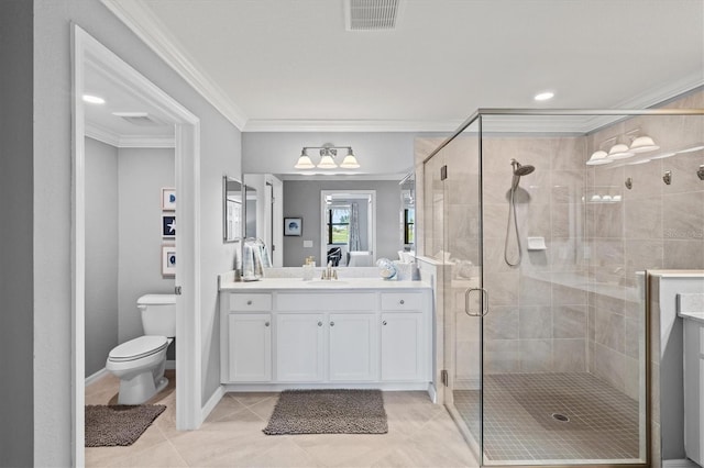 10808 Tarflower Dr Unit 102, Venice, FL 34293 - full bathroom featuring ornamental molding, a shower stall, tile patterned flooring, vanity, and toilet