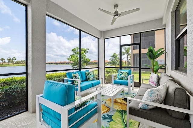 10808 Tarflower Dr Unit 102, Venice, FL 34293 - sunroom / solarium featuring an outdoor hangout area, a water view, and a ceiling fan