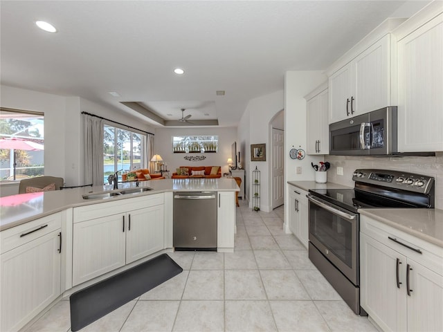 463 Park Trace Blvd, Osprey, FL 34229 - kitchen featuring stainless steel appliances, a sink, a tray ceiling, ceiling fan, and recessed lighting