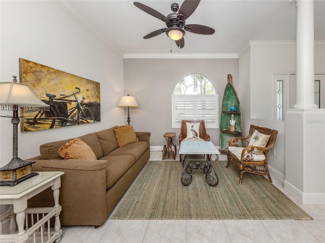 463 Park Trace Blvd, Osprey, FL 34229 - living area featuring decorative columns, crown molding, a ceiling fan, and baseboards