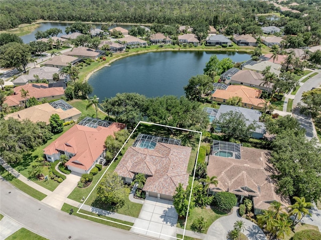 463 Park Trace Blvd, Osprey, FL 34229 - aerial perspective of suburban area with property parcel outlined and a large body of water