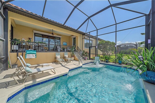 9220 43rd Ter W, Bradenton, FL 34209 - outdoor pool with a patio, ceiling fan, and stairs