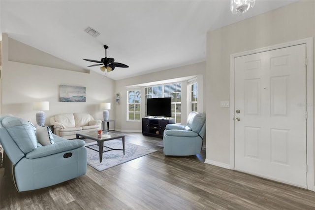 25509 Arequipa Dr, Punta Gorda, FL 33983 - living area with a ceiling fan, wood finished floors, lofted ceiling, and baseboards