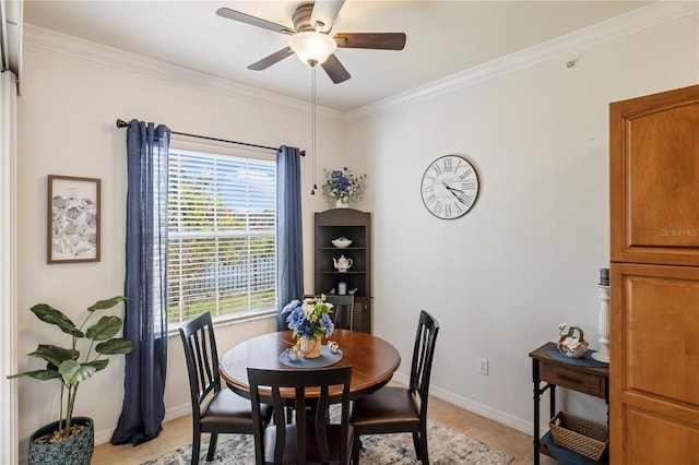 600 Gardens Edge Dr Unit 613, Venice, FL 34285 - dining area with a ceiling fan, ornamental molding, baseboards, and light tile patterned floors
