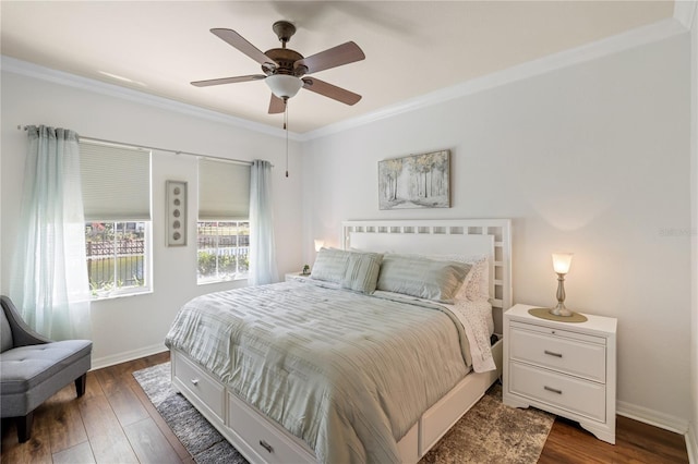600 Gardens Edge Dr Unit 613, Venice, FL 34285 - bedroom featuring crown molding, dark wood finished floors, baseboards, and ceiling fan