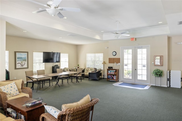 600 Gardens Edge Dr Unit 613, Venice, FL 34285 - carpeted living area with ceiling fan, a raised ceiling, french doors, recessed lighting, and ornamental molding