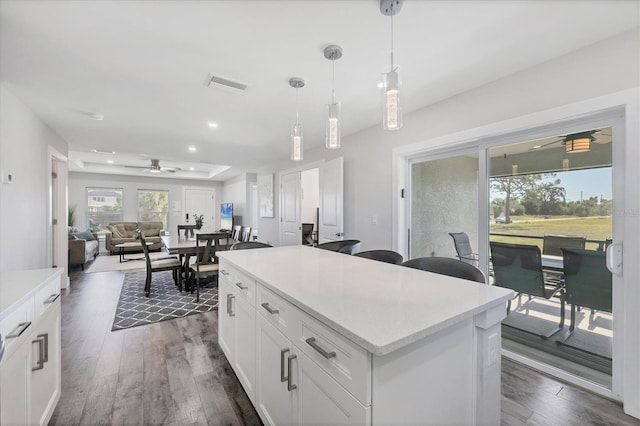 12031 Saragossa Ln, North Port, FL 34287 - kitchen with white cabinets, dark wood finished floors, light countertops, a ceiling fan, and a kitchen island
