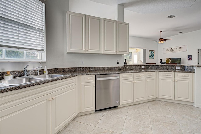 212 Triano Cir Unit 212, Venice, FL 34292 - kitchen featuring dishwasher, a sink, a ceiling fan, light tile patterned floors, and dark stone counters