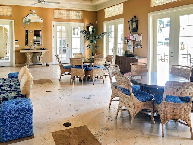 212 Triano Cir Unit 212, Venice, FL 34292 - dining space featuring french doors, crown molding, a ceiling fan, and tile patterned floors