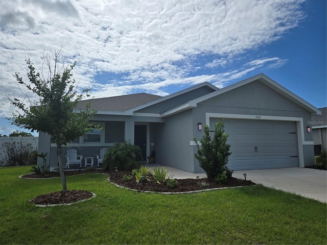 3003 58th Way E, Palmetto, FL 34221 - ranch-style house with stucco siding, a garage, and a front lawn