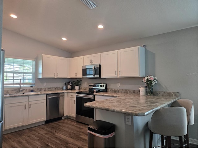 3003 58th Way E, Palmetto, FL 34221 - kitchen featuring appliances with stainless steel finishes, a sink, a peninsula, white cabinets, and dark wood finished floors