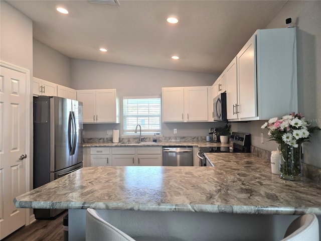 3003 58th Way E, Palmetto, FL 34221 - kitchen featuring appliances with stainless steel finishes, a sink, lofted ceiling, a peninsula, and recessed lighting