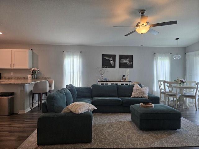 3003 58th Way E, Palmetto, FL 34221 - living room featuring dark wood-style flooring and a ceiling fan