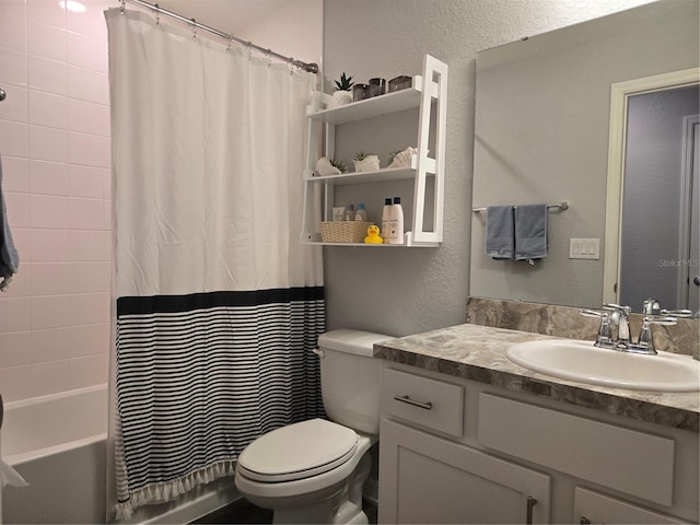 3003 58th Way E, Palmetto, FL 34221 - bathroom with a textured wall, toilet, vanity, and shower / tub combo