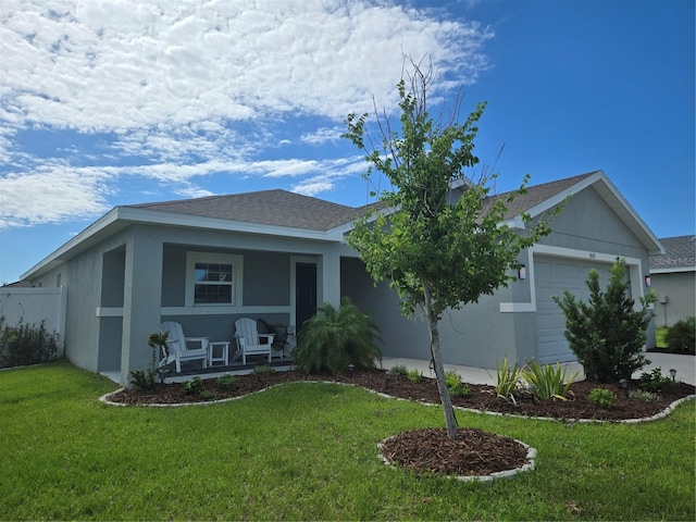 3003 58th Way E, Palmetto, FL 34221 - ranch-style house with a porch, an attached garage, a front yard, and stucco siding