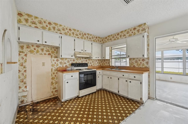 kitchen with white electric stove, under cabinet range hood, a sink, wallpapered walls, and a textured ceiling