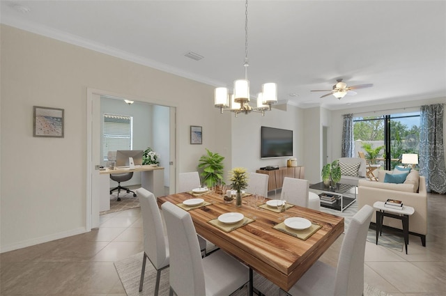 9823 Haze Dr, Venice, FL 34292 - dining room featuring ornamental molding, an office area, light tile patterned flooring, a chandelier, and ceiling fan
