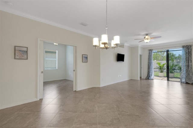 9823 Haze Dr, Venice, FL 34292 - unfurnished room with crown molding, a chandelier, ceiling fan, baseboards, and light tile patterned flooring