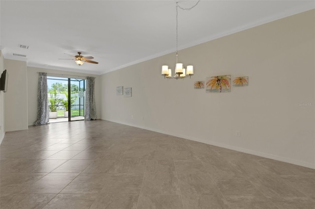 9823 Haze Dr, Venice, FL 34292 - spare room with a chandelier, crown molding, a ceiling fan, and baseboards